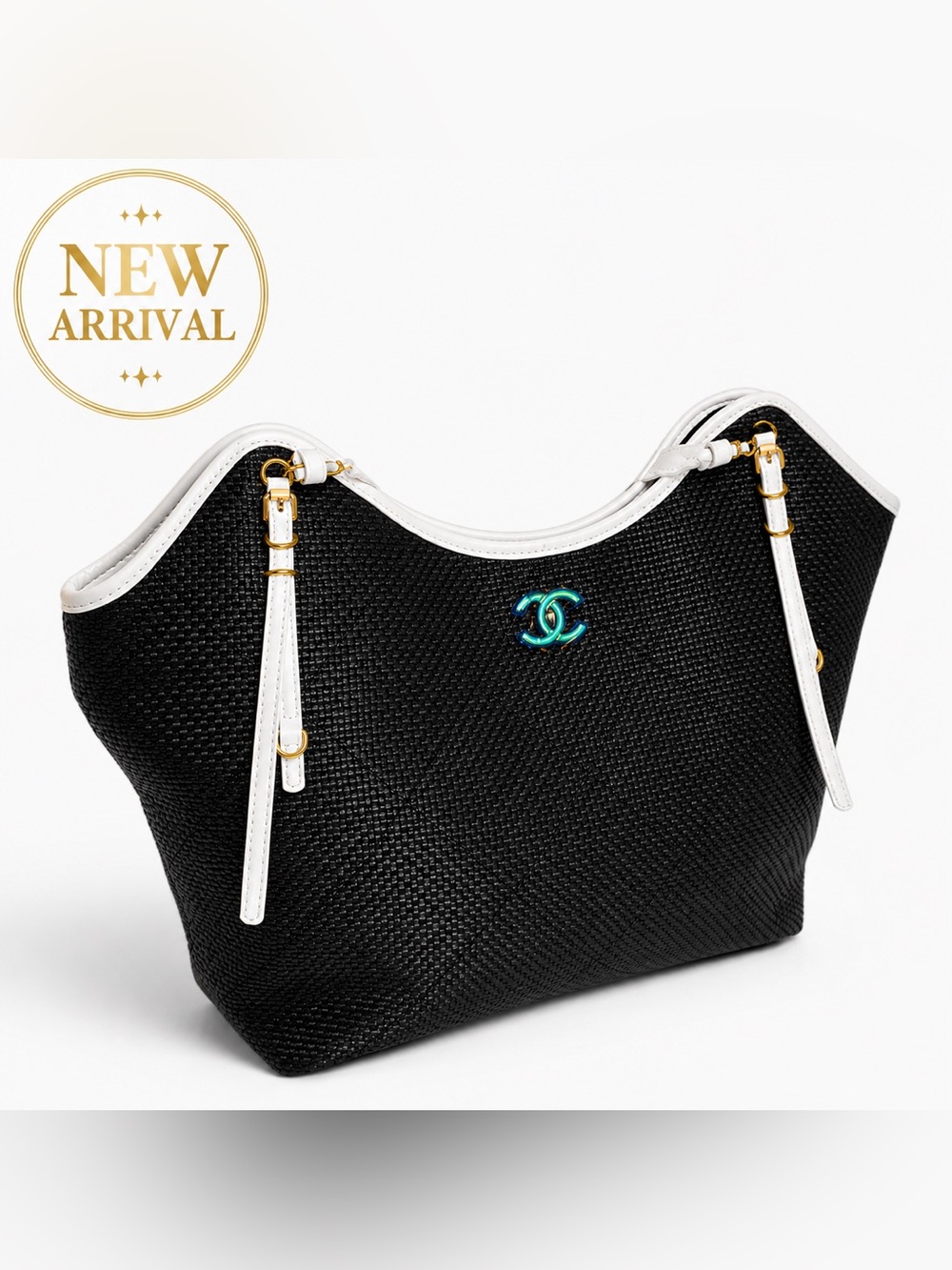 🖤 Women’s Black Woven Tote with White Trim 🖤